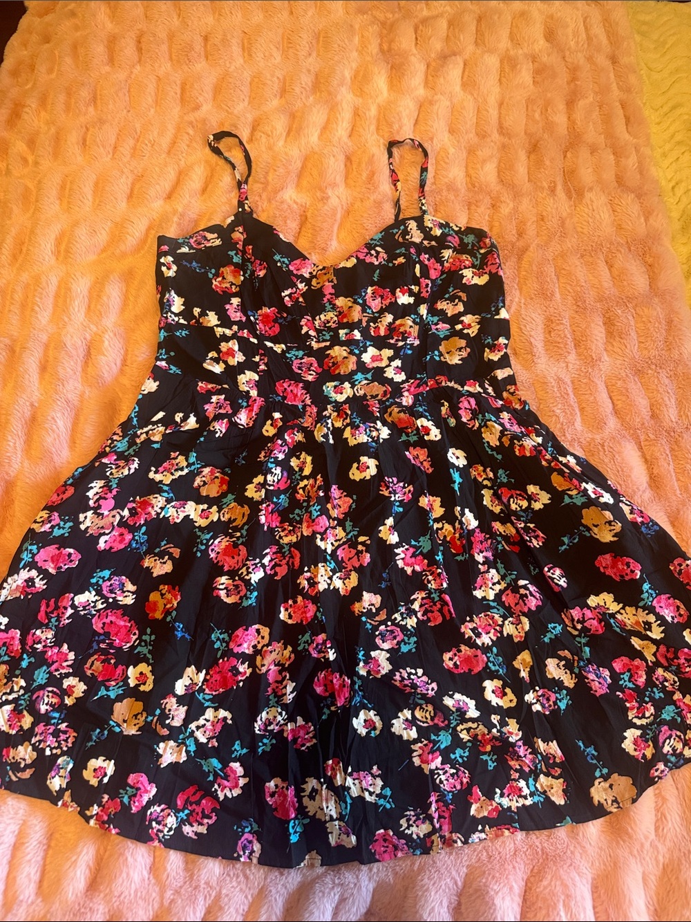 Floral Black mini dress with Pink & Teal Accents